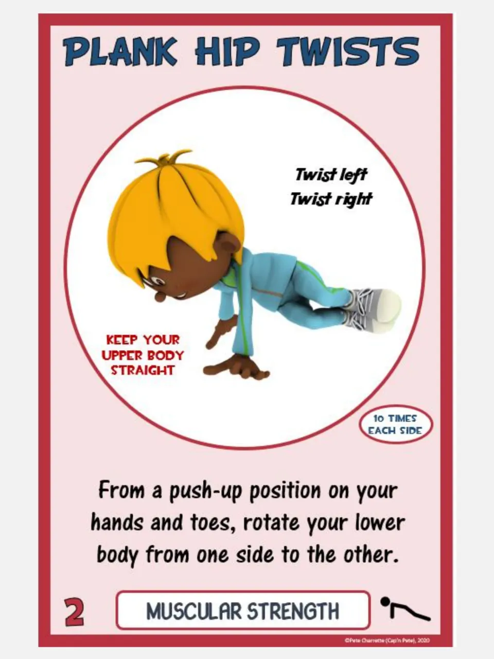 Muscular strength card 2: Plank Hip Twists, rotating the lower body side to side 10 times on each side