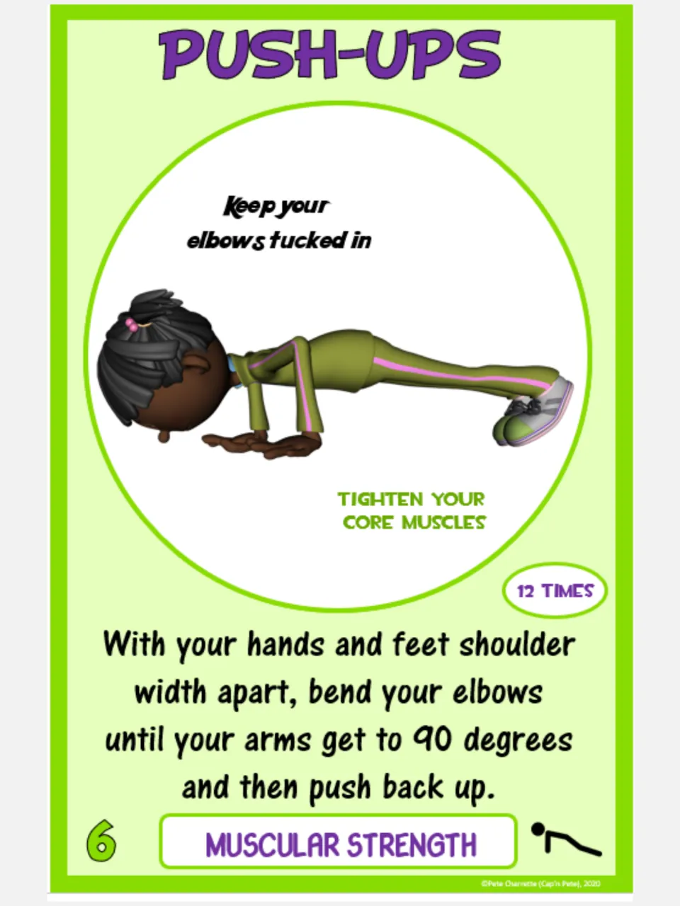 Muscular strength card 6: Push-Ups, bending elbows to 90 degrees and pushing back up for 12 repetitions