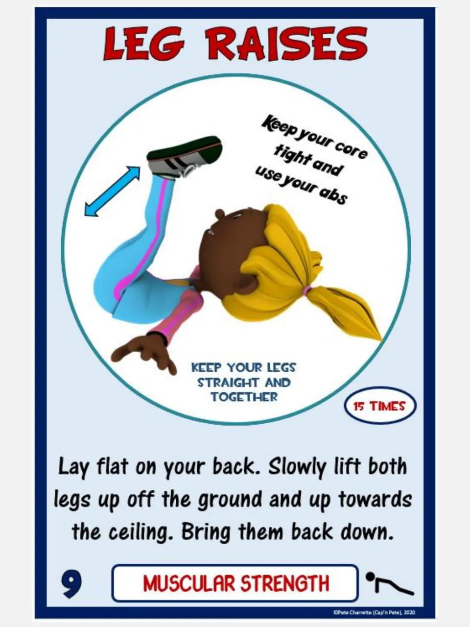Muscular strength card 9: Leg Raises, lifting both legs toward the ceiling and lowering them 15 times