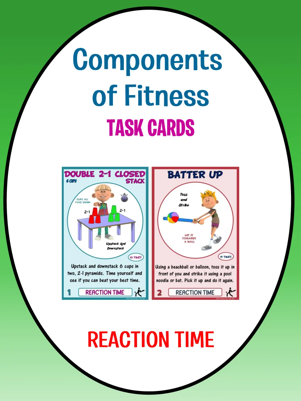 Reaction time task card cover showing Double 2-1 Closed Stack and Batter Up as sample fitness activities