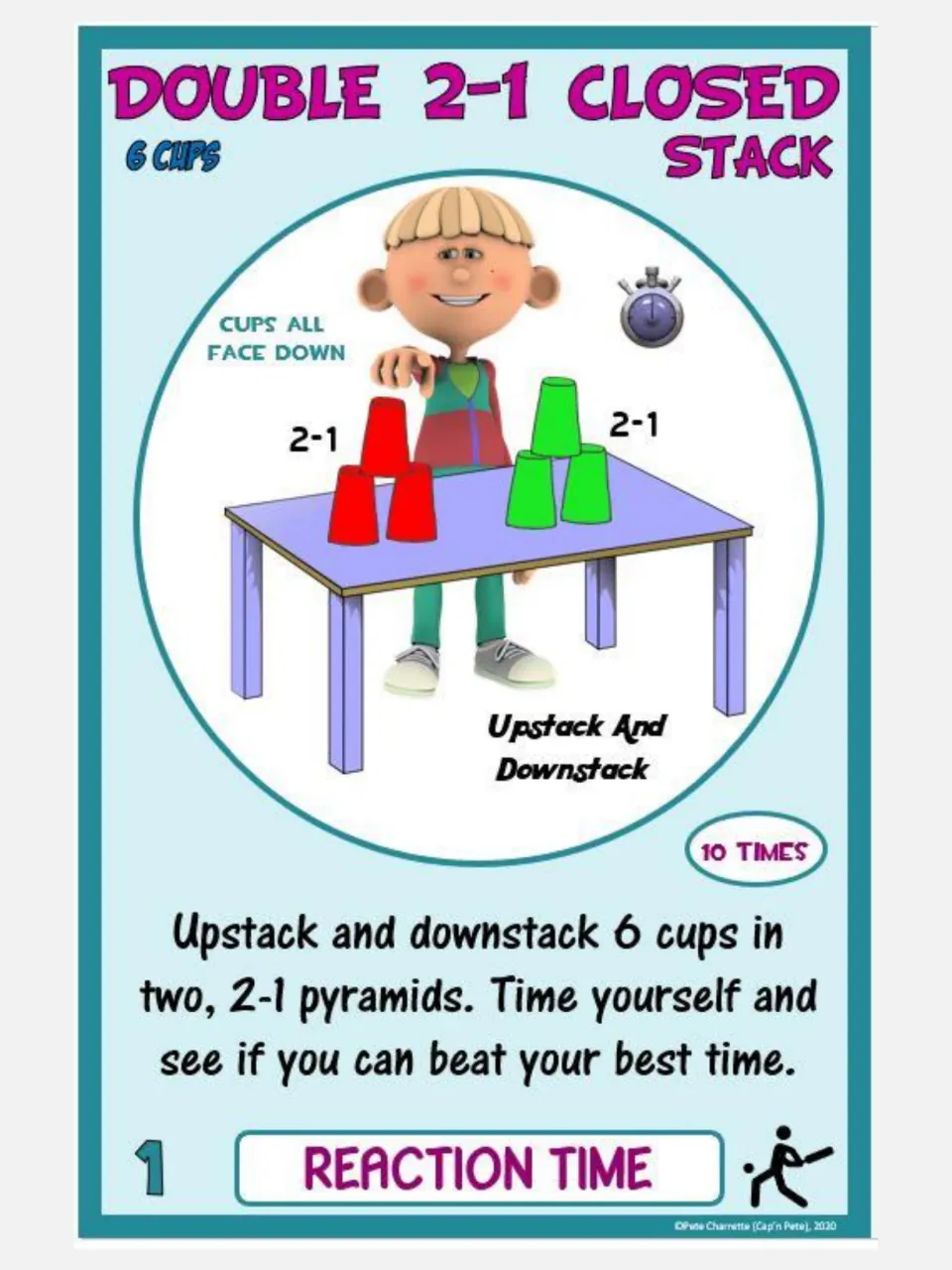 Reaction time card 1, Double 2-1 Closed Stack: stack and unstack six cups in two pyramids, 10 times