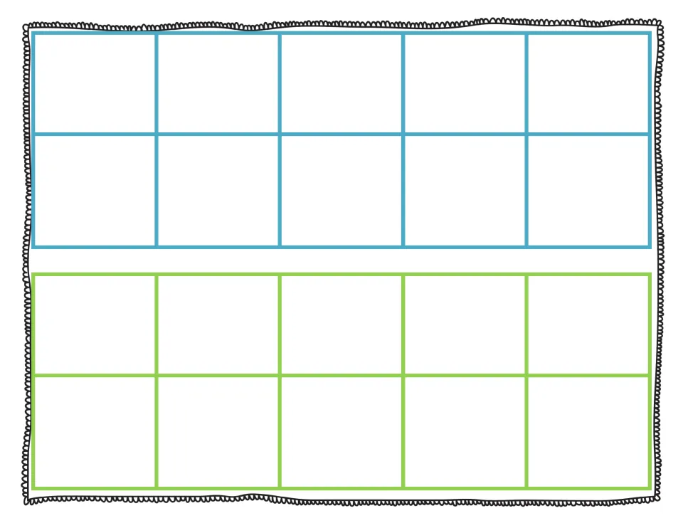 Double ten frame mat, one blue and one green, where students place monkey counters to build teen numbers as ten and ones
