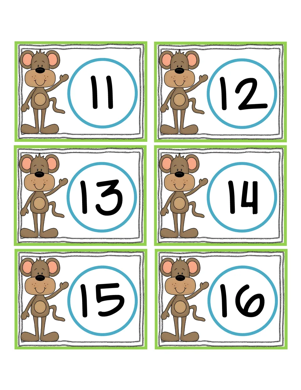 Number cards 11 to 16, each showing a waving monkey beside the numeral, for students to draw and then build with counters