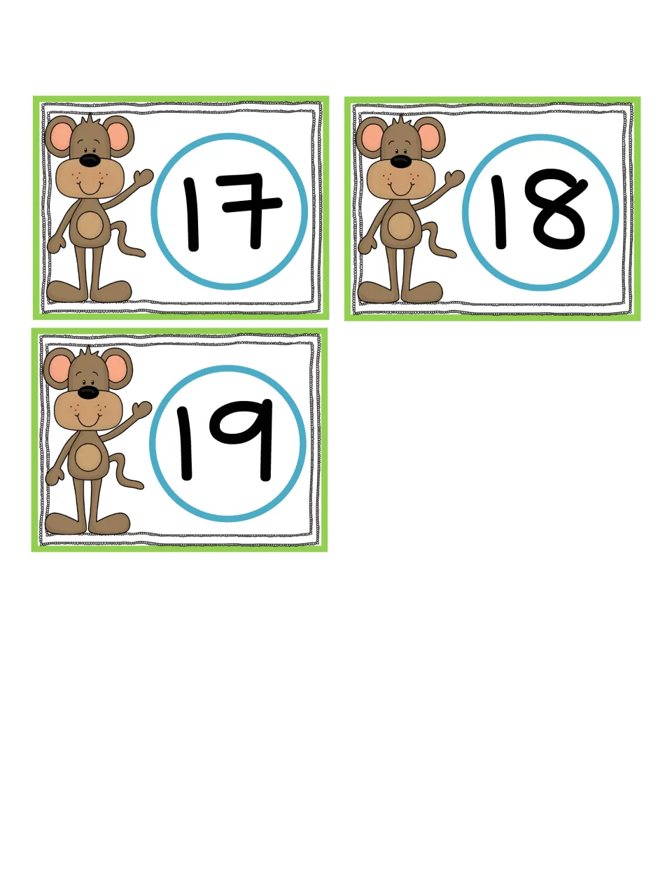 Number cards 17, 18 and 19 with a waving monkey on each, completing the teen number set students pull to build on mats