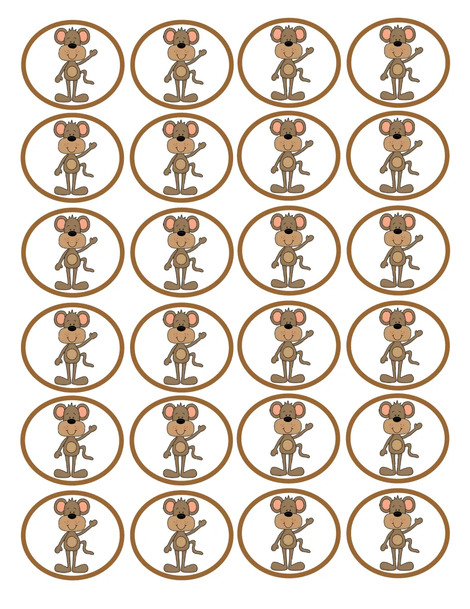 Monkey counters: 24 round cut-out tokens, each with a smiling monkey, used to fill ten frames when making teen numbers