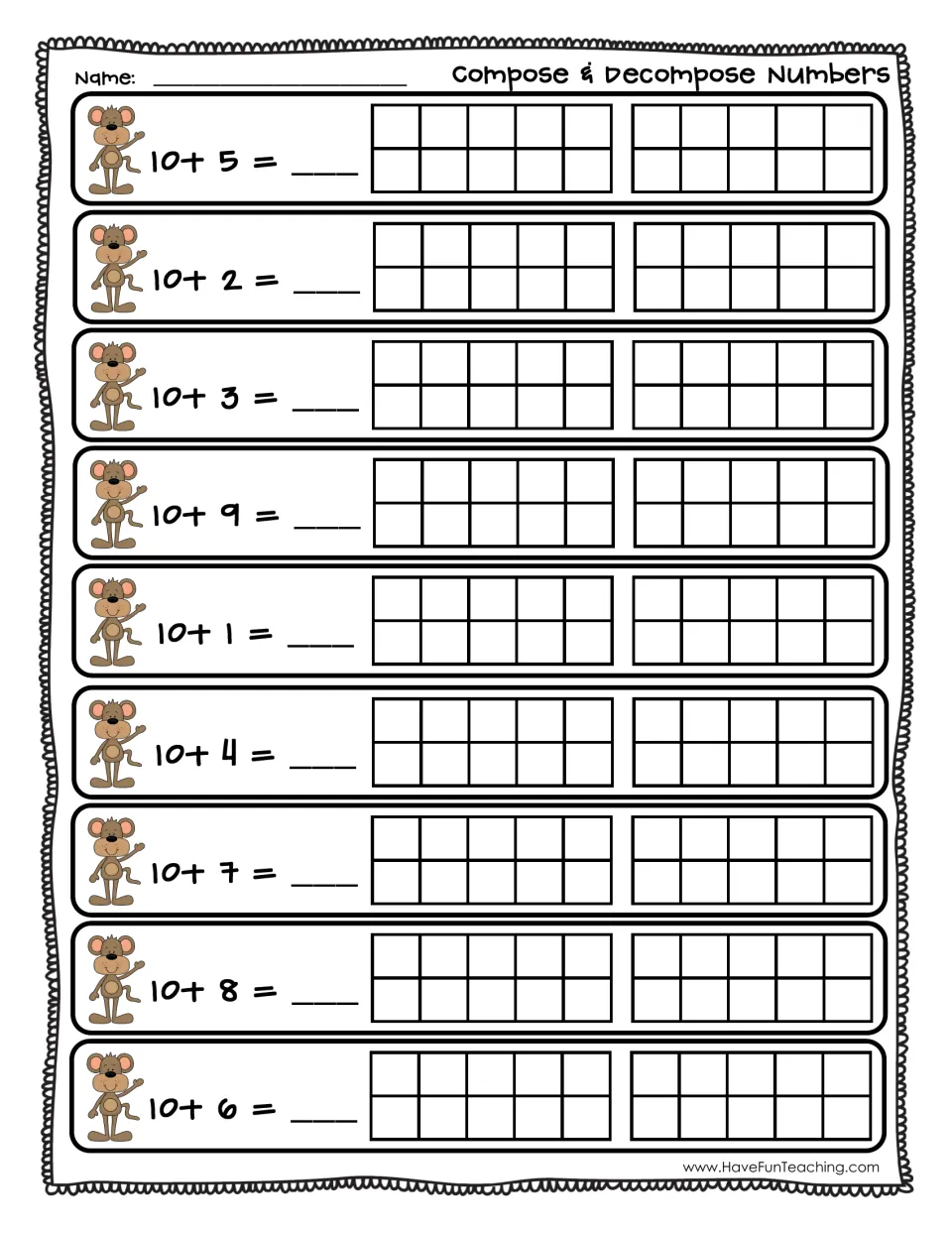 Teen number recording sheet: students solve 10 + 5, 10 + 2 and seven more sums and shade two ten frames to show each