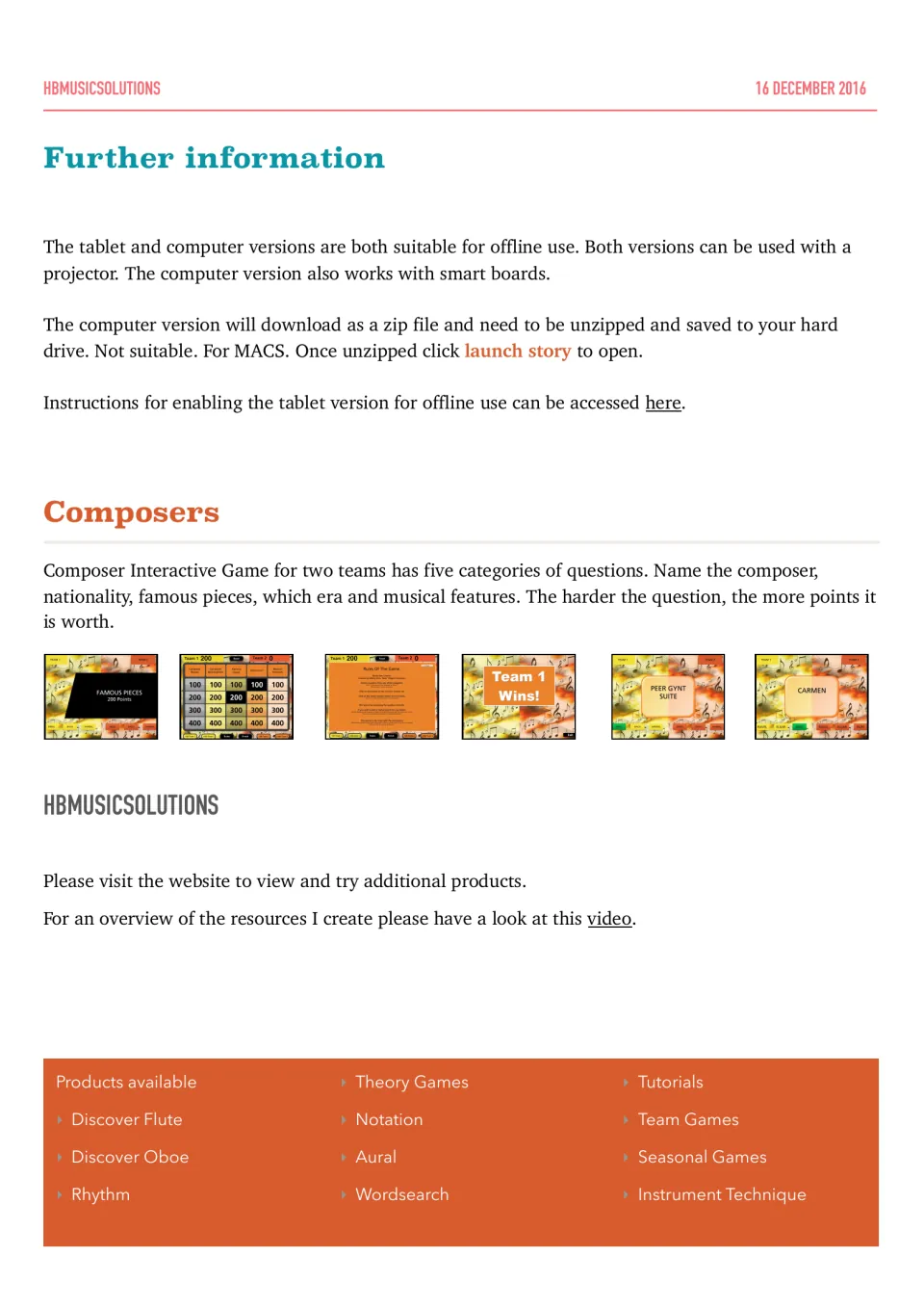 Setup notes for offline, projector and smart board use, plus a five-category points game summary and six screen previews