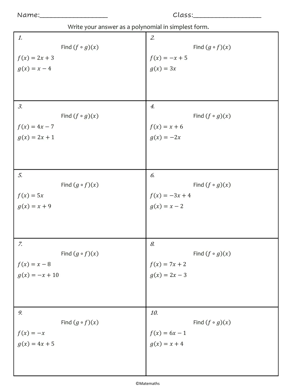 Composition of functions practice: students find (f∘g)(x) or (g∘f)(x) for linear pairs in problems 1-10, in simplest form