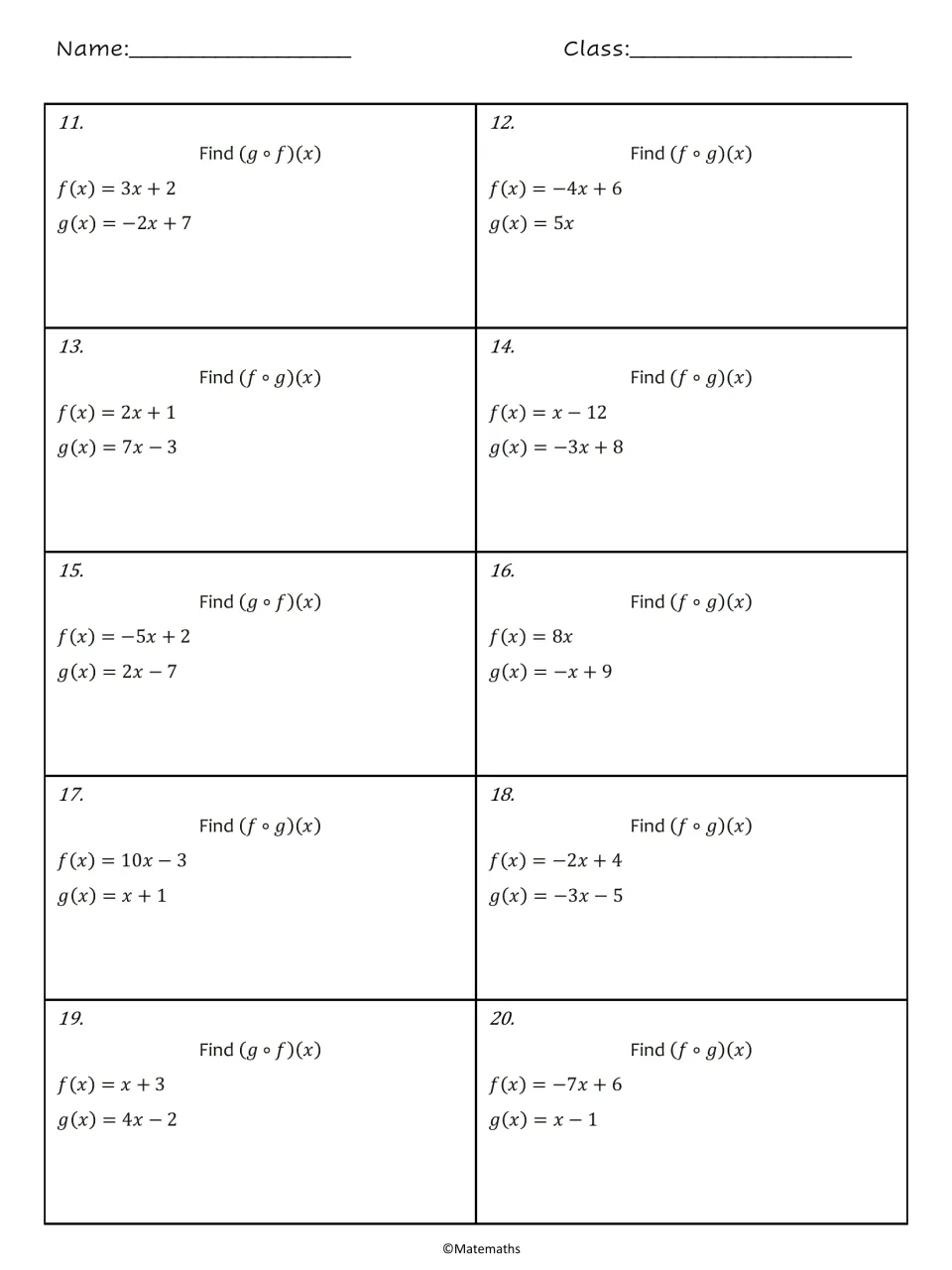 Problems 11-20: students compose linear functions such as f(x) = 3x + 2 and g(x) = -2x + 7 and simplify each composite