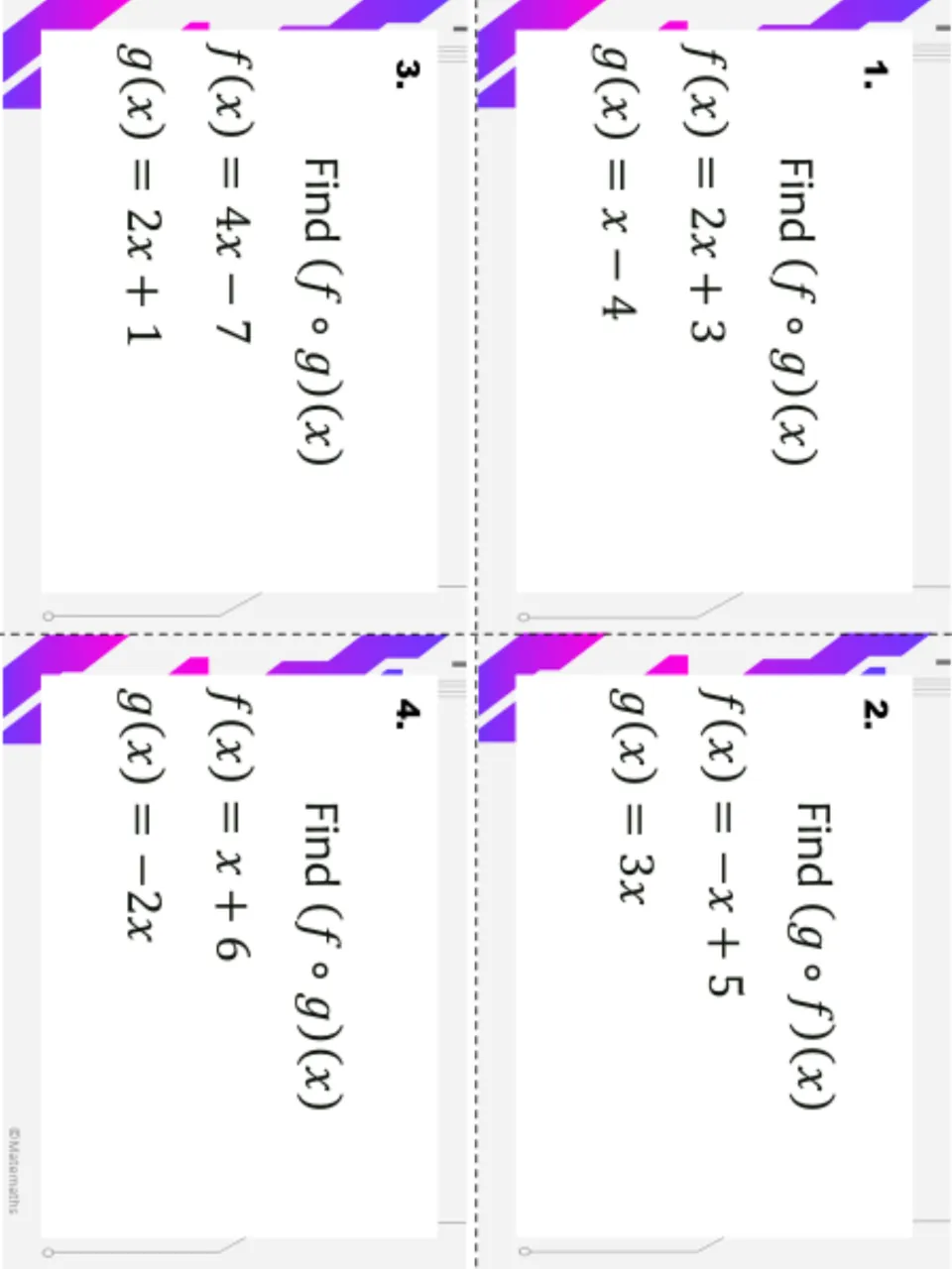 Composing functions task cards 1-4: find (f∘g)(x) or (g∘f)(x), e.g. f(x) = 2x + 3 and g(x) = x - 4, to cut out