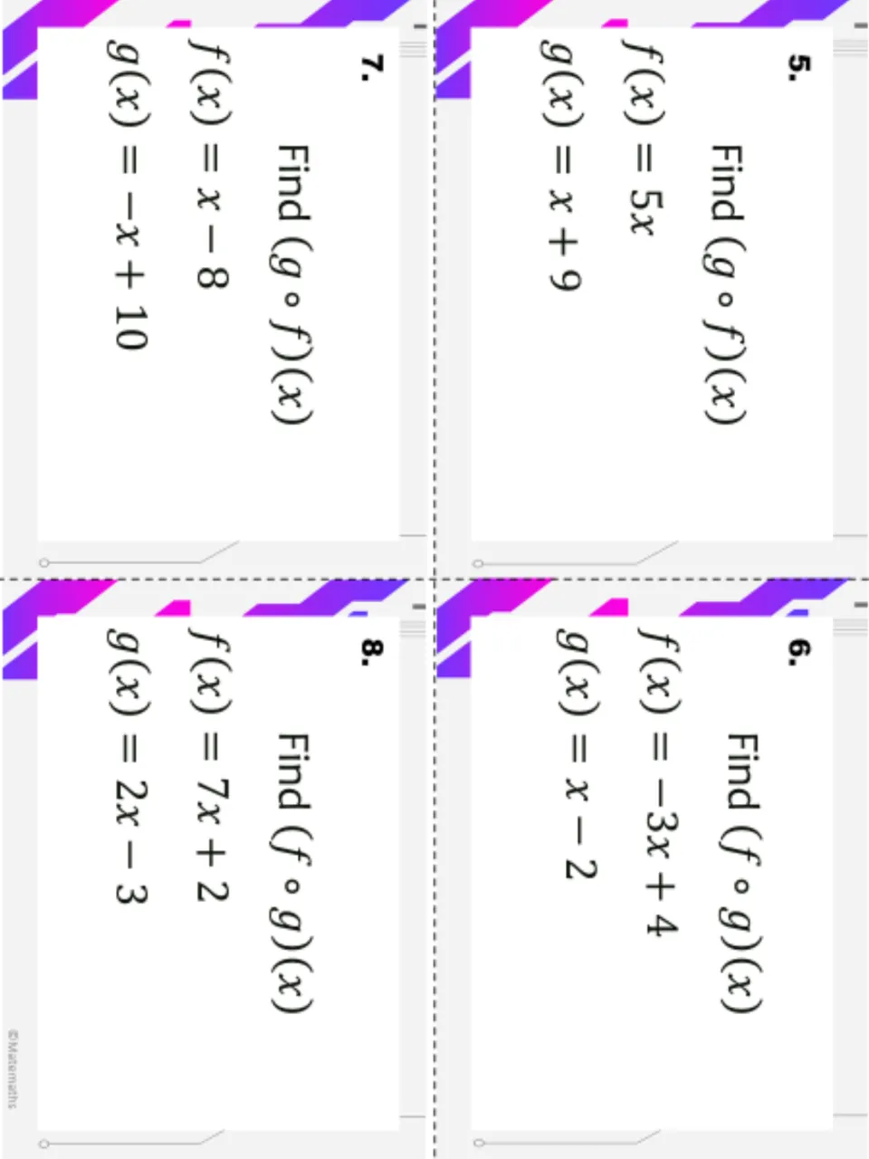 Function composition cards 5-8: students find (g∘f)(x) or (f∘g)(x) for pairs like f(x) = 5x and g(x) = x + 9