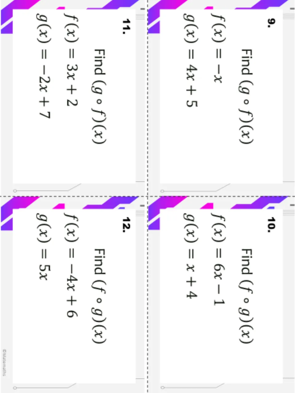 Composite functions, cards 9-12: students compose f(x) = -x with g(x) = 4x + 5, f(x) = -4x + 6 with g(x) = 5x, and more