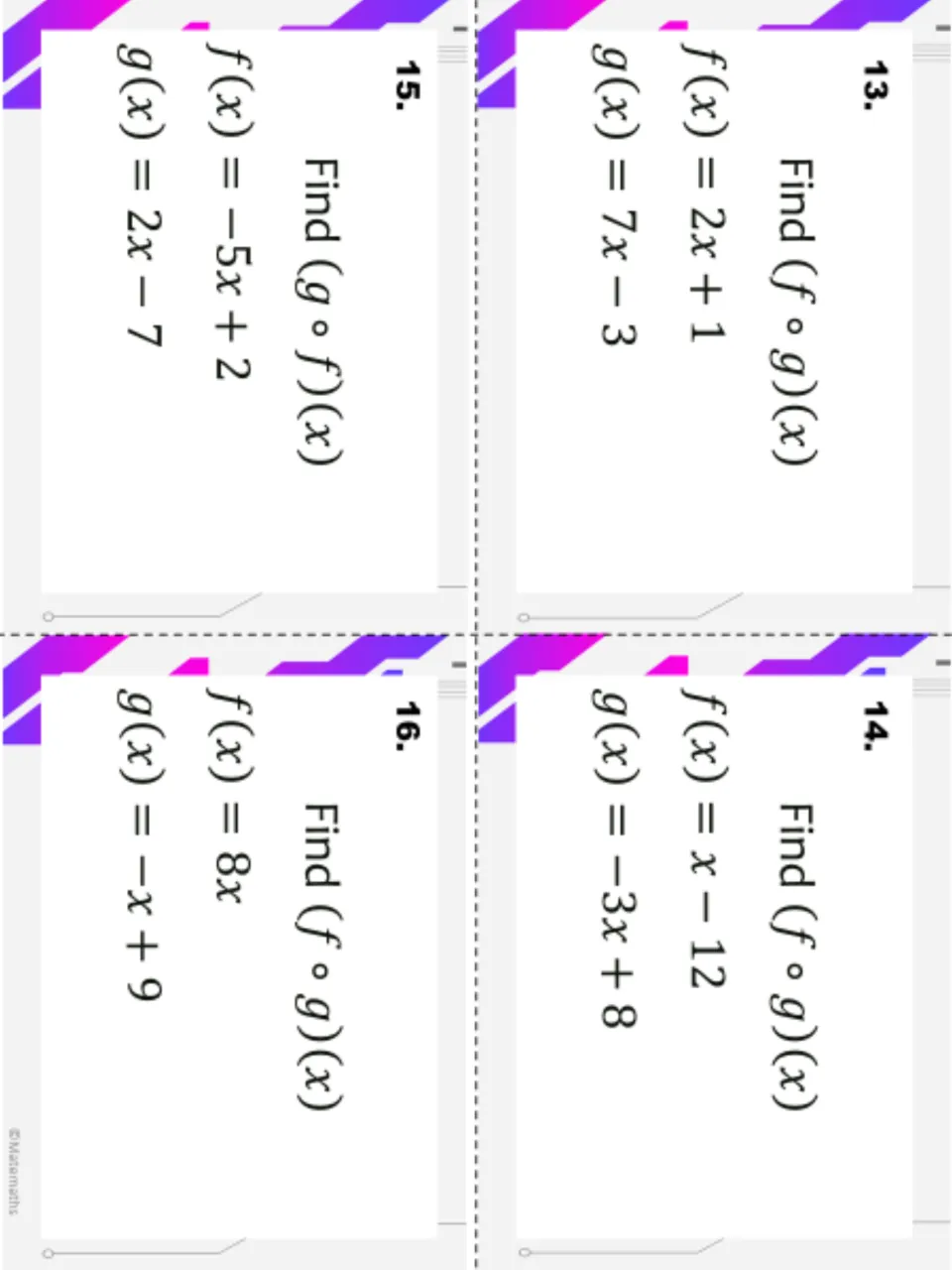 Composing functions, cards 13-16: students find each composite for pairs such as f(x) = x - 12 with g(x) = -3x + 8