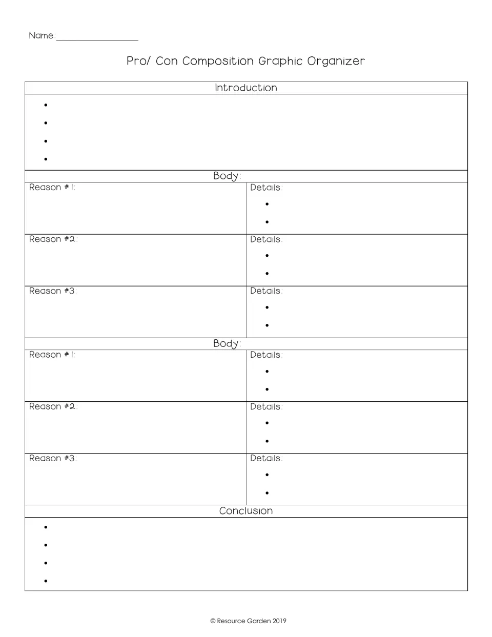 Pro/con essay planner: students outline introduction, two body sides with three reasons and details each, and a conclusion
