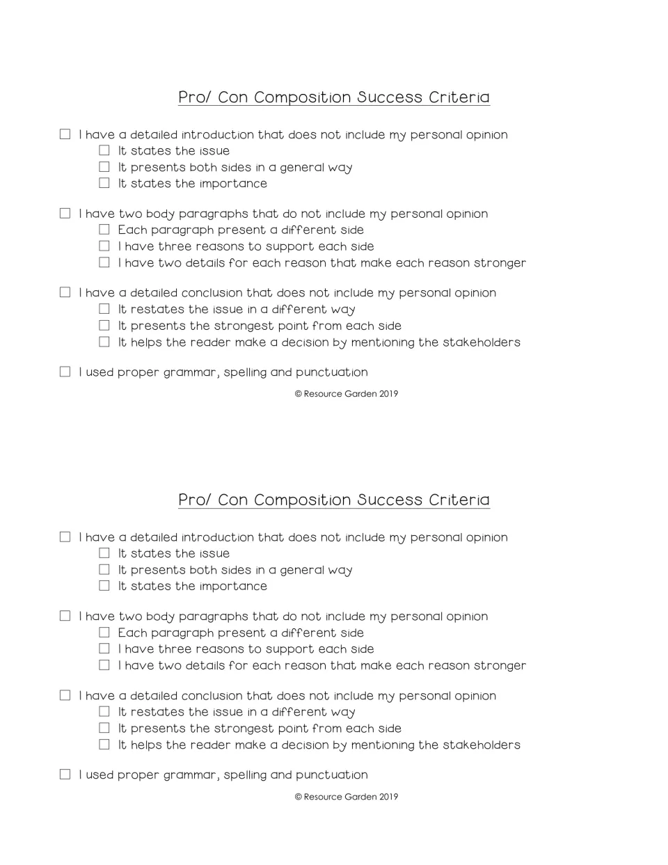 Pro/con success criteria: students tick checklist items for an opinion-free introduction, body paragraphs and conclusion