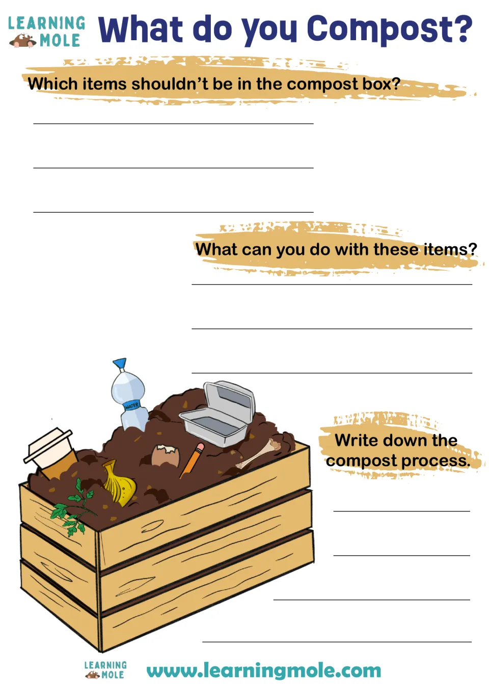 Composting: students list items that don't belong in a compost box, say what to do with them and describe the process