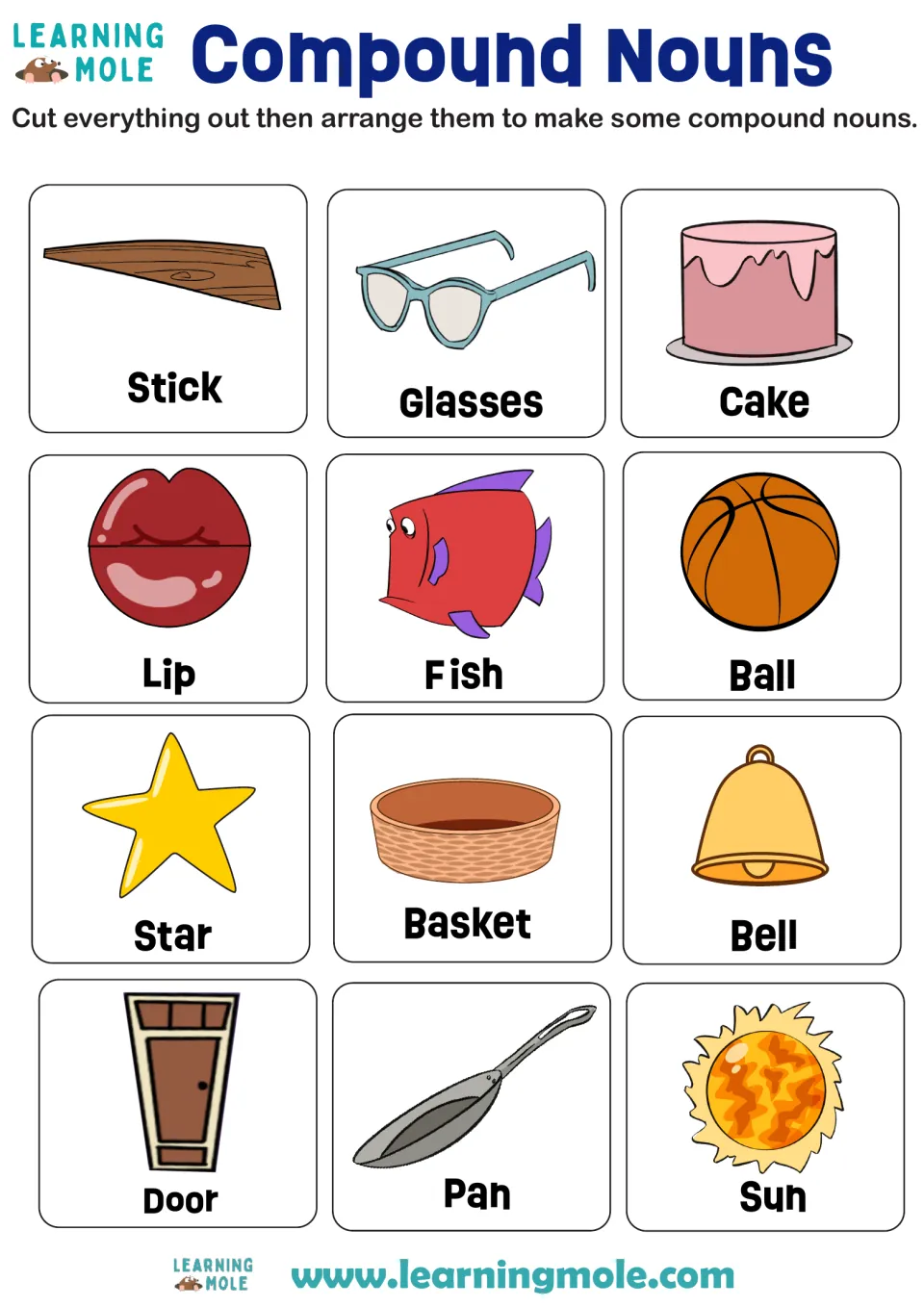 Compound nouns: students cut out 12 picture word cards like sun, glasses and pan and pair them to build compound words