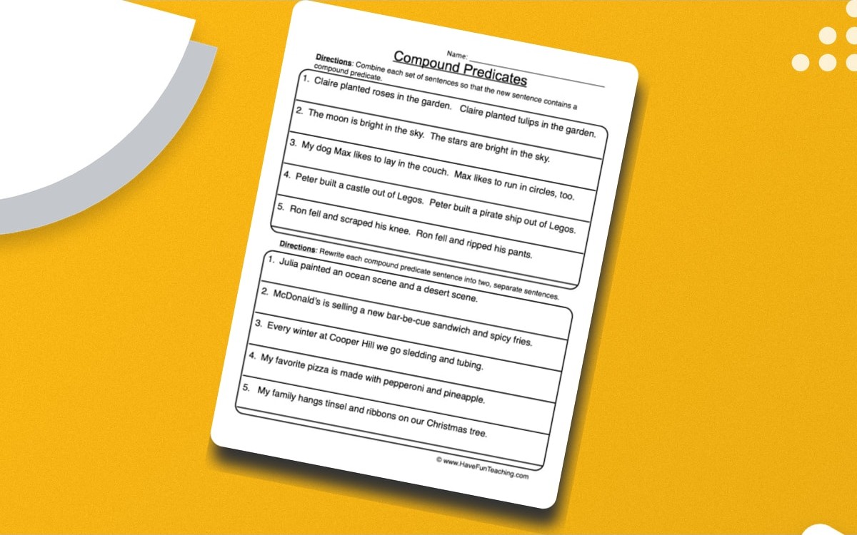 Compound Predicates Sentences Worksheet preview: Sentence pairs to combine around a shared subject
