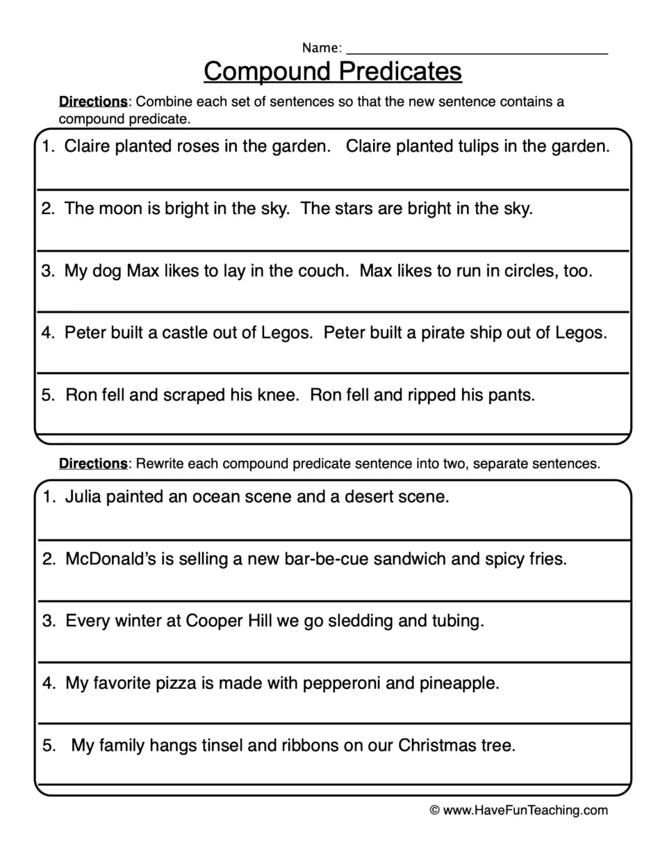 Compound predicates: students combine 5 sentence pairs into one compound predicate, then split 5 sentences into two each