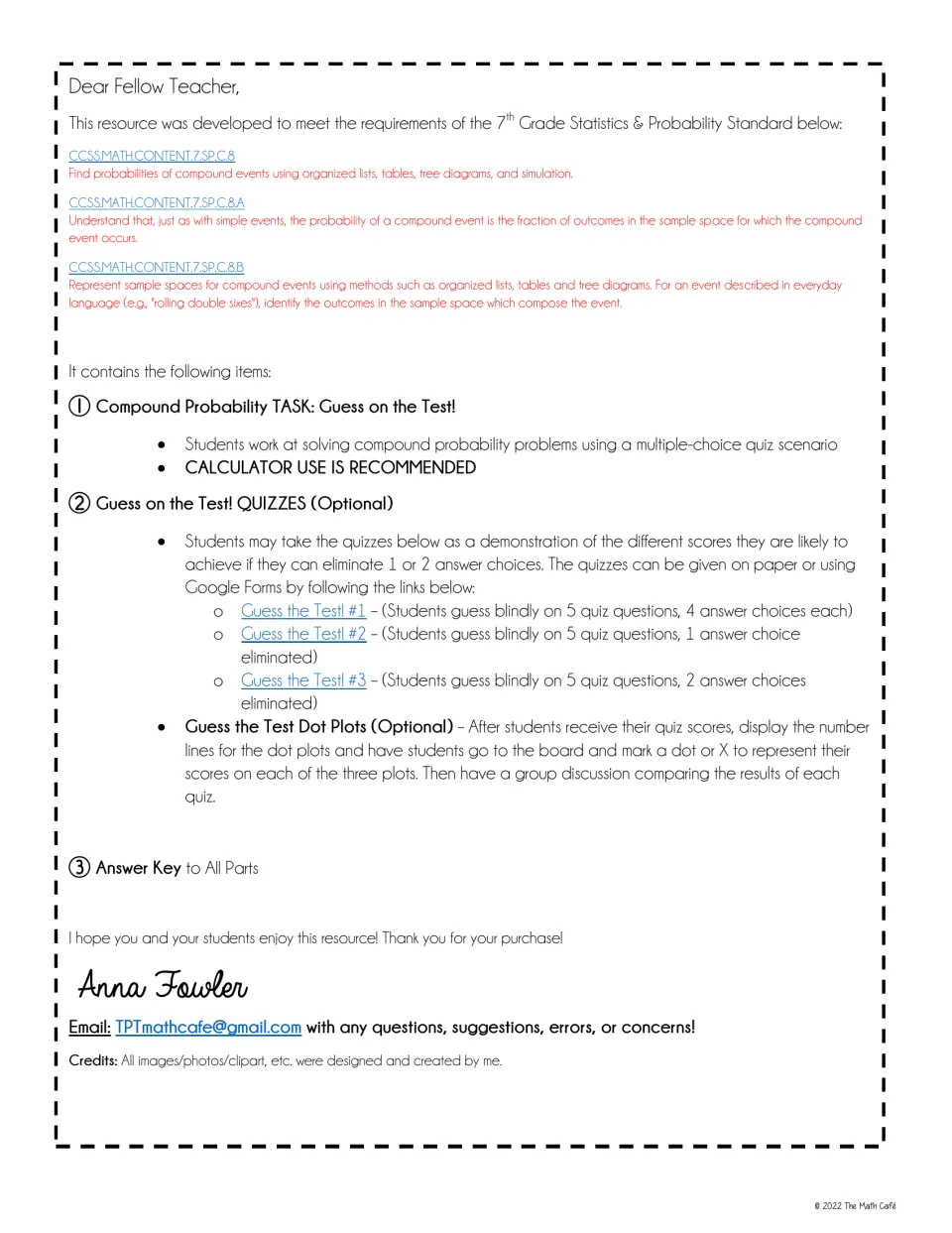 Teacher letter listing 7.SP.C.8 compound probability standards, the guessing task, three optional quizzes and dot plots
