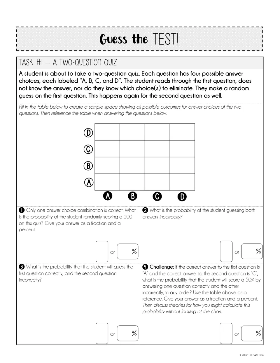 Task 1, two-question quiz: students fill a 4 by 4 sample space of A-D guesses, then answer four probability questions