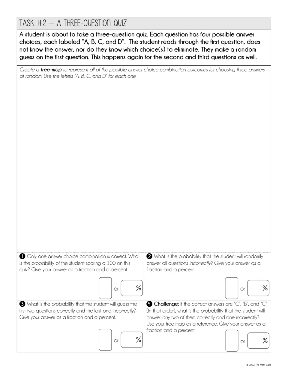 Task 2, three-question quiz: students draw a tree diagram of every A-D guess combination and find each score's probability