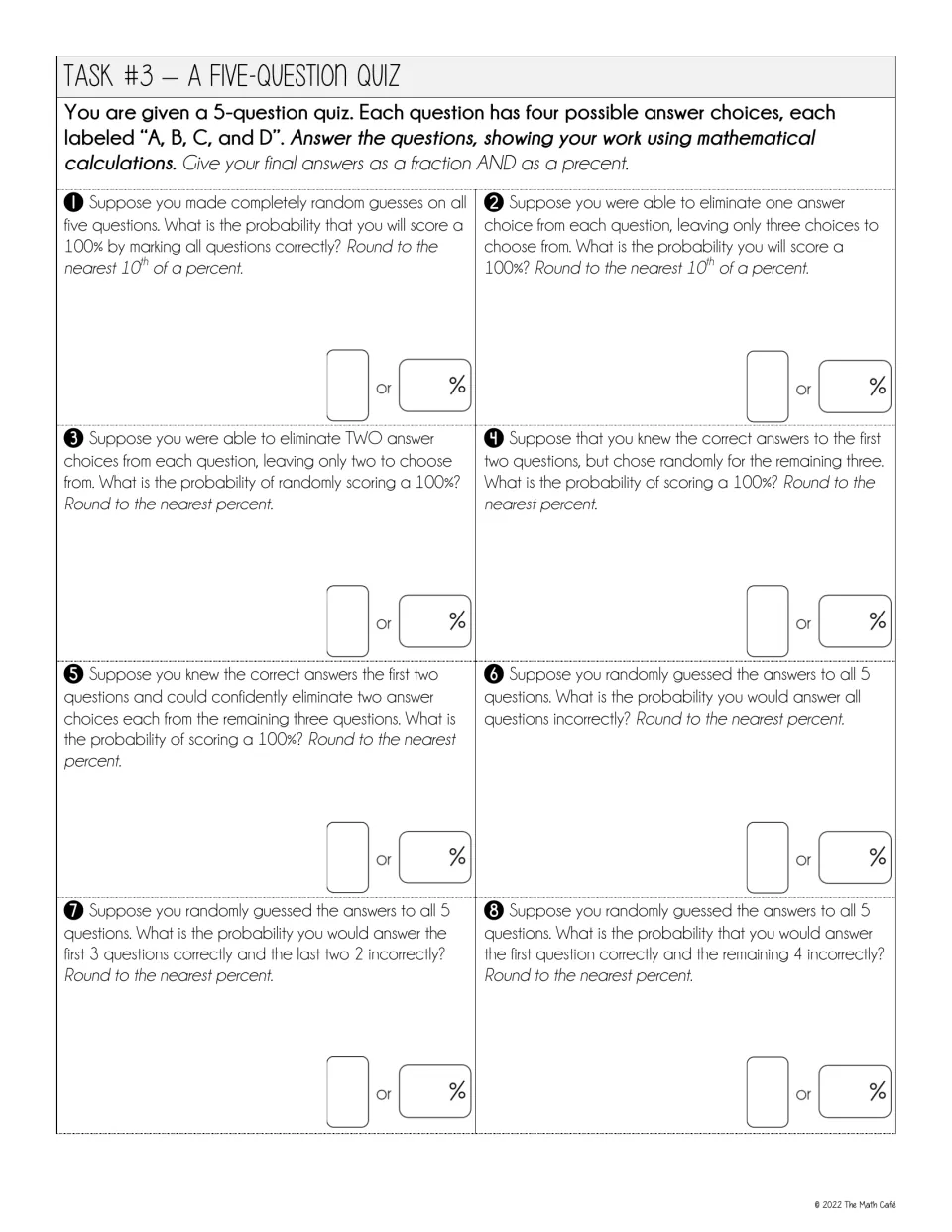 Task 3, five-question quiz: students find the chance of a perfect score when guessing or eliminating answer choices