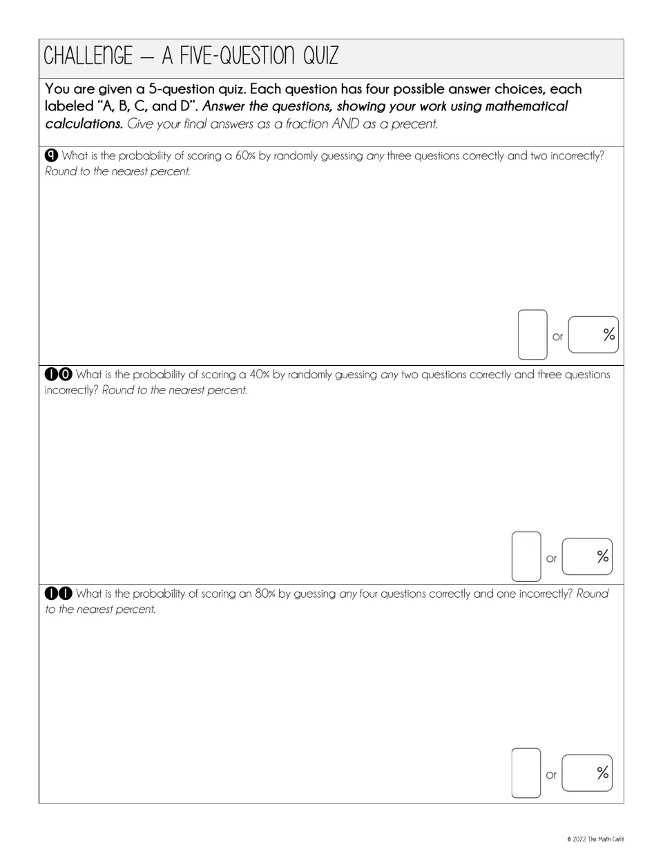 Five-question quiz challenge: students find the probability of scoring 60%, 40% or 80% with random guesses in any order