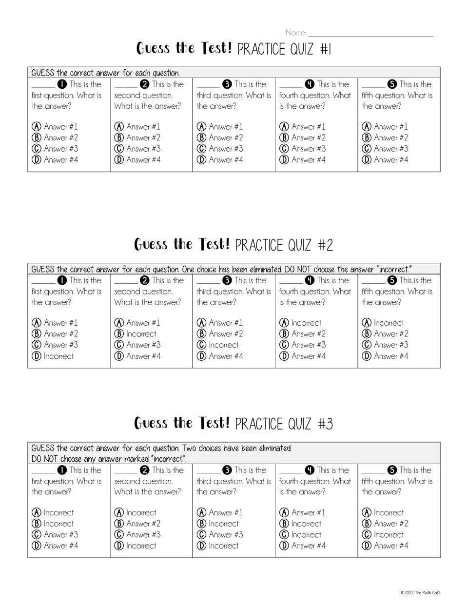 Practice quizzes 1-3: five placeholder questions each, guessed blindly, then with one or two choices marked 'Incorrect'