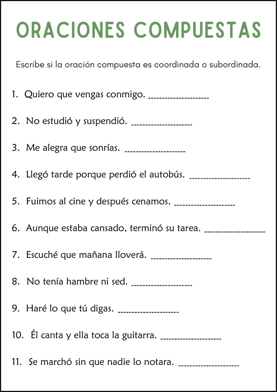 Coordinate vs subordinate: students label 11 Spanish compound sentences as coordinada or subordinada