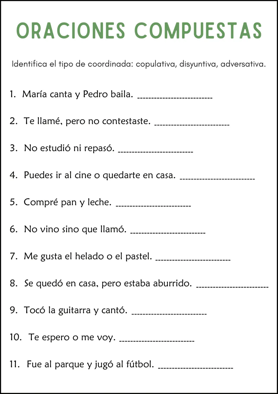 Types of coordinate clauses: students classify 11 Spanish sentences as copulativa, disyuntiva or adversativa