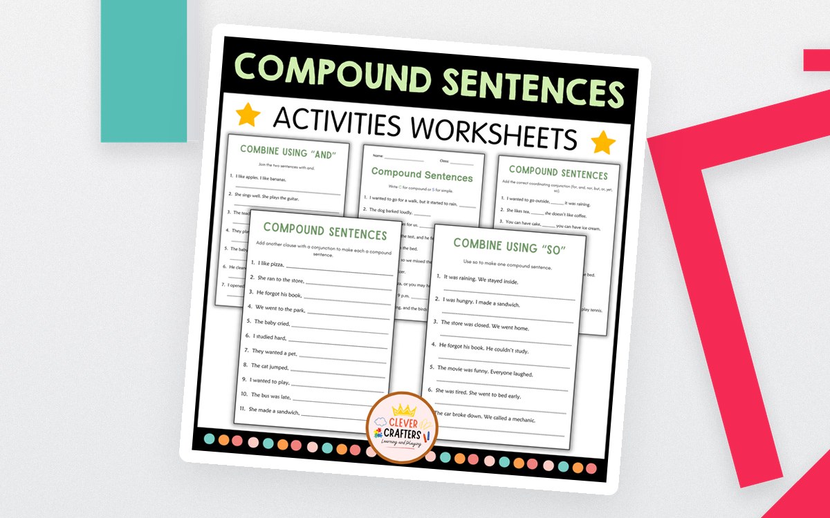 Compound Sentences Activities Worksheets cover showing identification, conjunction, punctuation and sentence-combining pages.