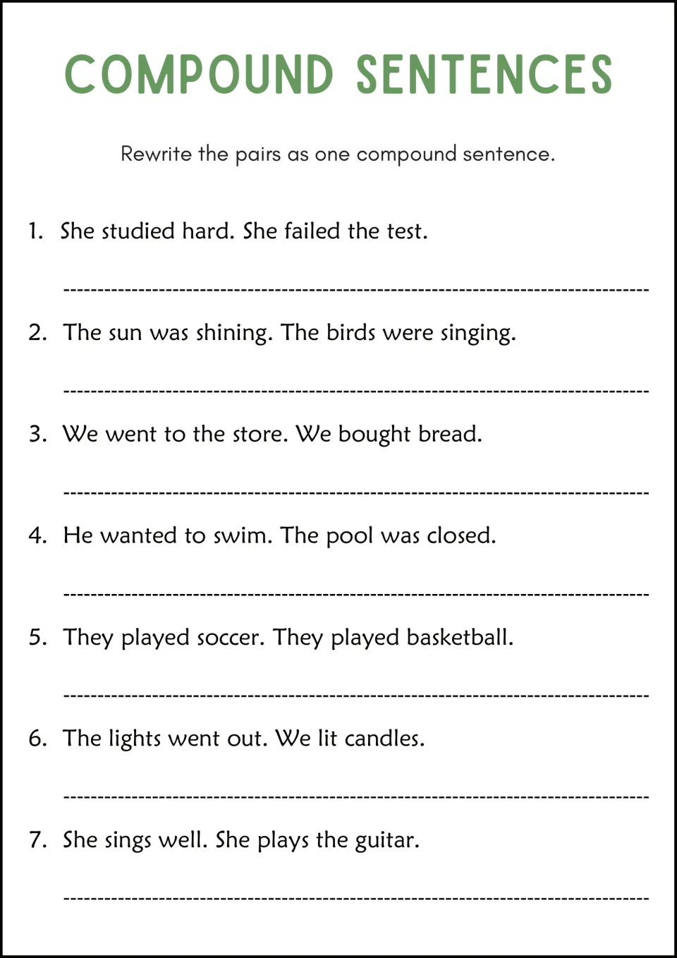 Rewriting sentence pairs: students combine 7 pairs into one compound sentence, like The lights went out. We lit candles.