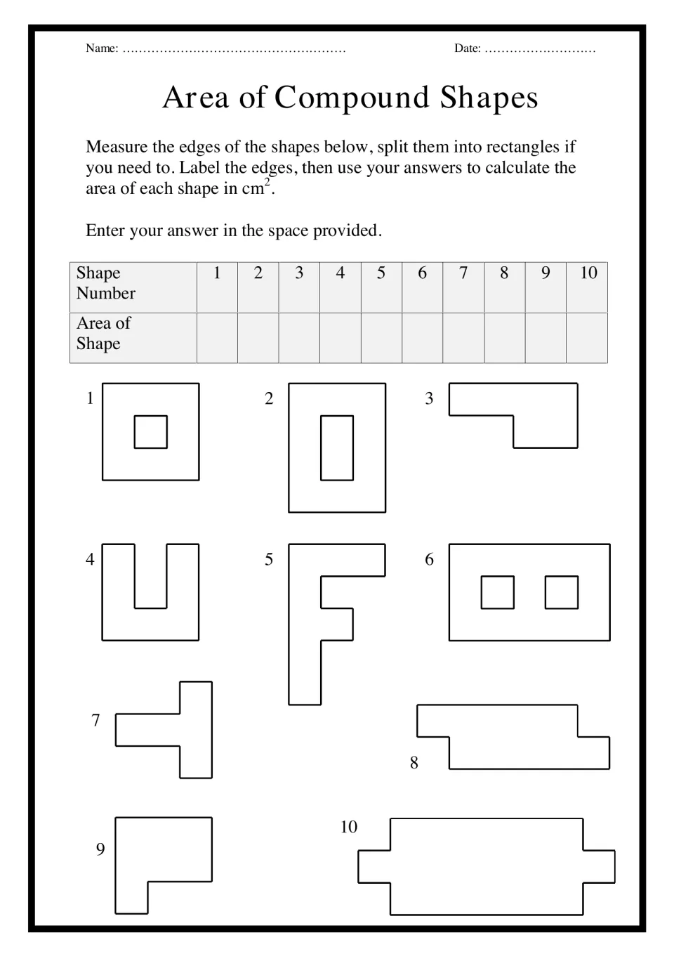 Area of compound shapes: students measure 10 rectilinear shapes, split them into rectangles and find each area in cm²