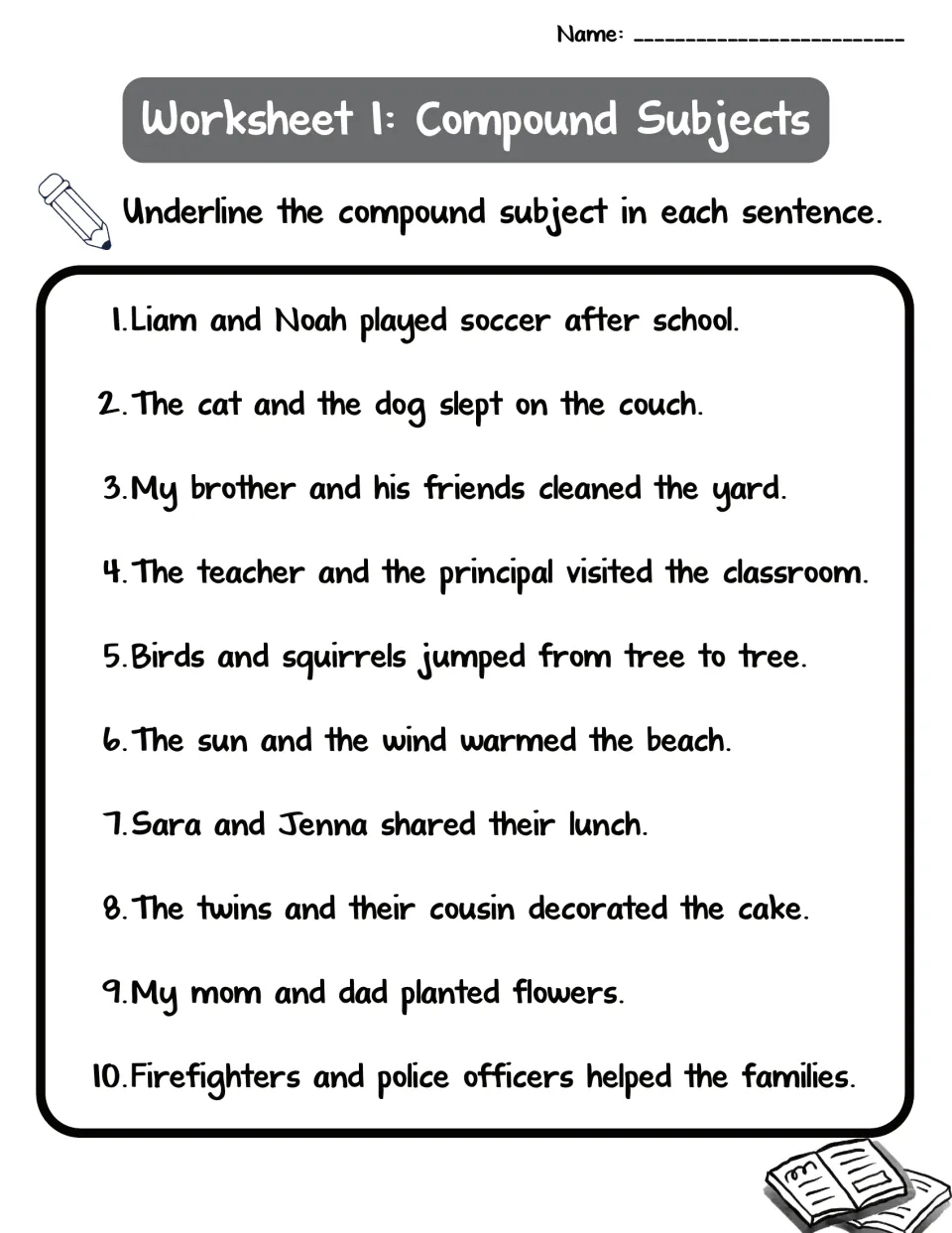 Worksheet 1, compound subjects: students underline the joined subjects in 10 sentences like 'Liam and Noah played soccer'