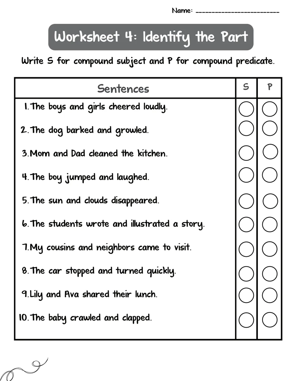 Worksheet 4, Identify the Part: students sort 10 more sentences, like 'Mom and Dad cleaned the kitchen', as S or P