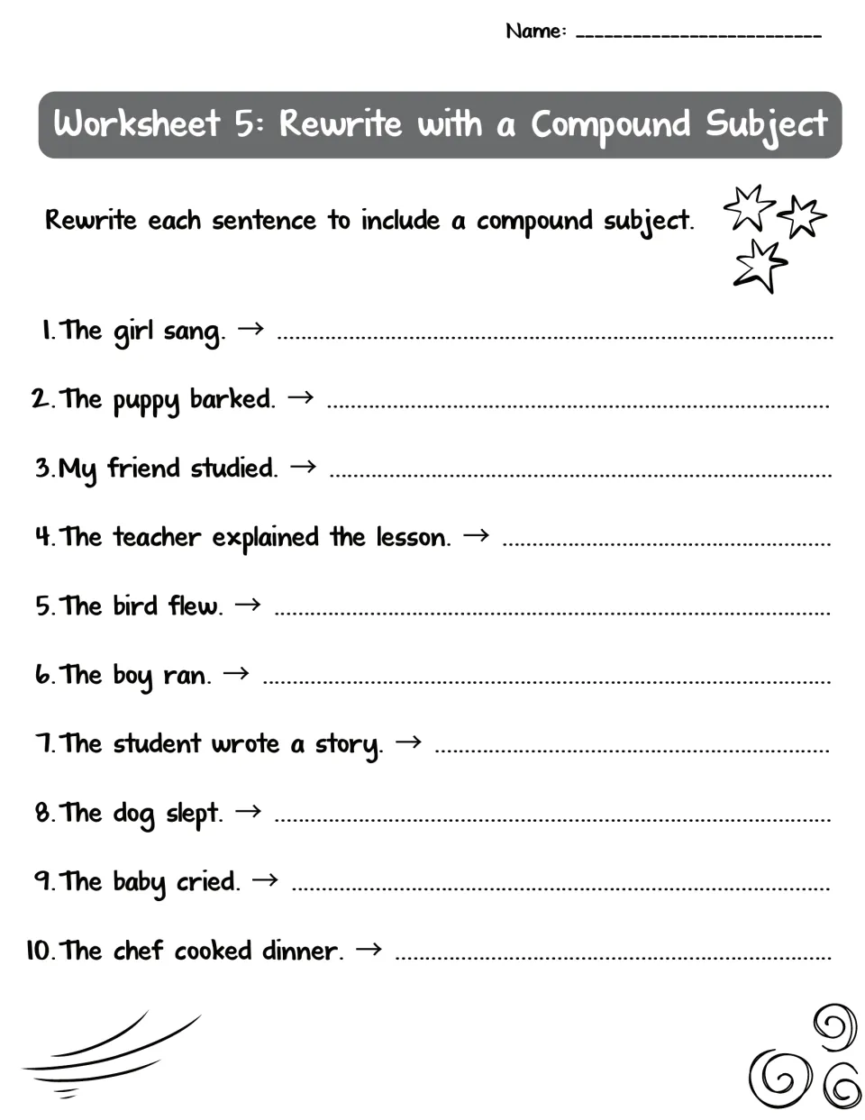 Worksheet 5: students rewrite 10 simple sentences, such as 'The girl sang', so each has a compound subject