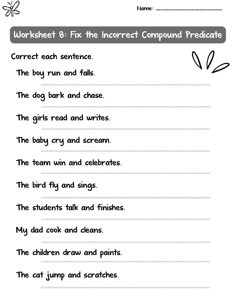 Worksheet 8: students fix mismatched verb forms in 10 compound predicates, such as 'The boy run and falls'