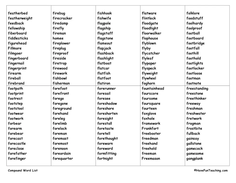 Compound words beginning with F and G, including fingerprint, firefly, flashlight, football and freshwater to gangplank