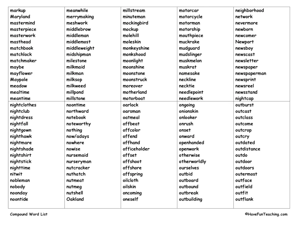 M to O compound words in alphabetical order, including mastermind, moonlight, newspaper, nighttime, notebook and outfit