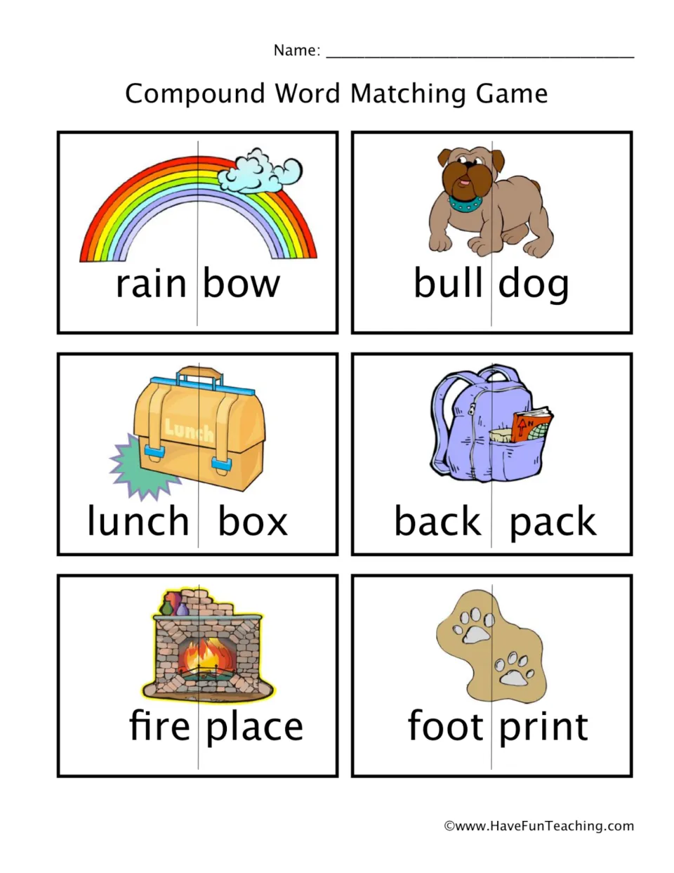 Compound word matching game: students match cut-out card halves to build rainbow, bulldog, lunchbox, backpack and more