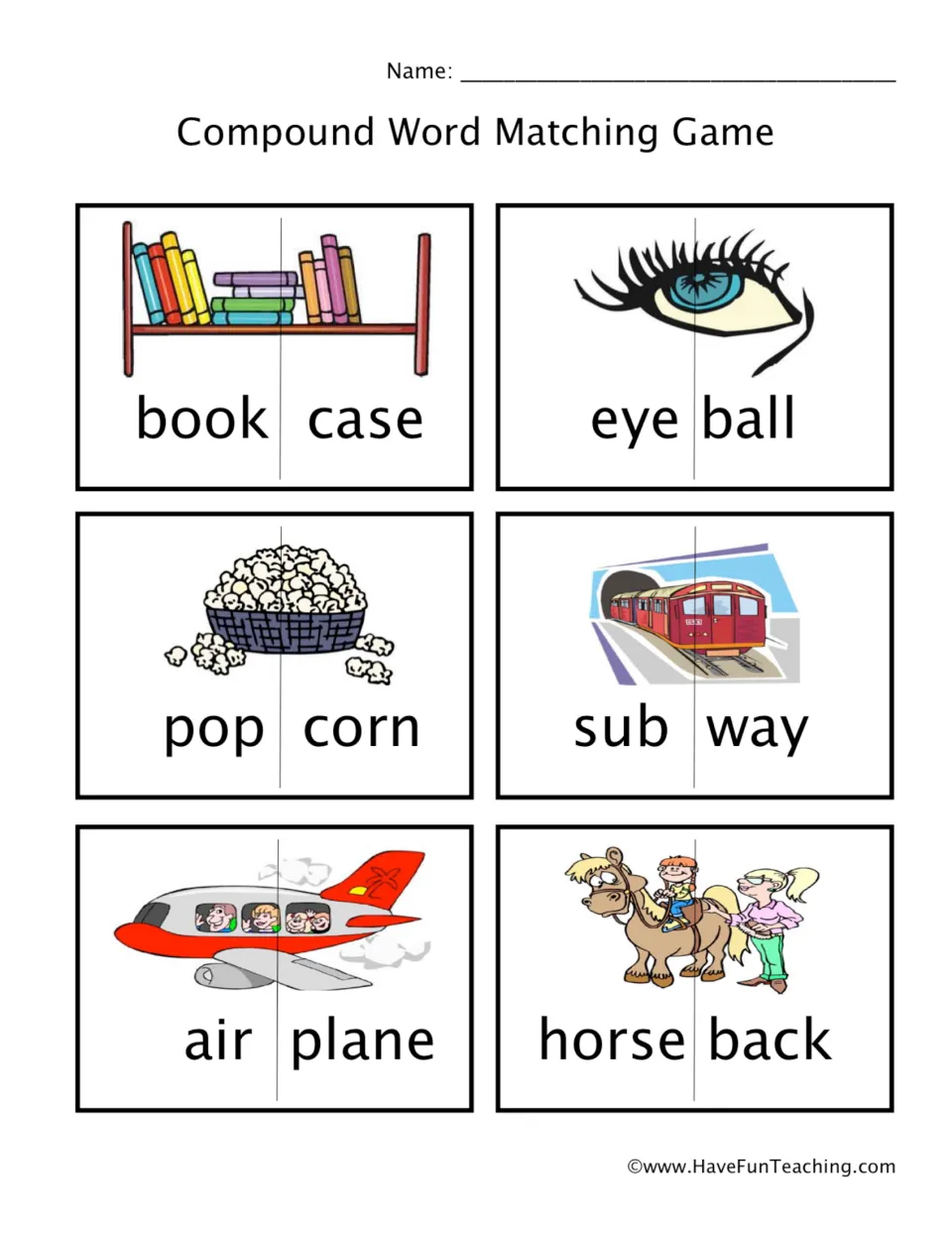 Compound word matching game: students match cut-out card halves to build bookcase, eyeball, popcorn, subway and airplane