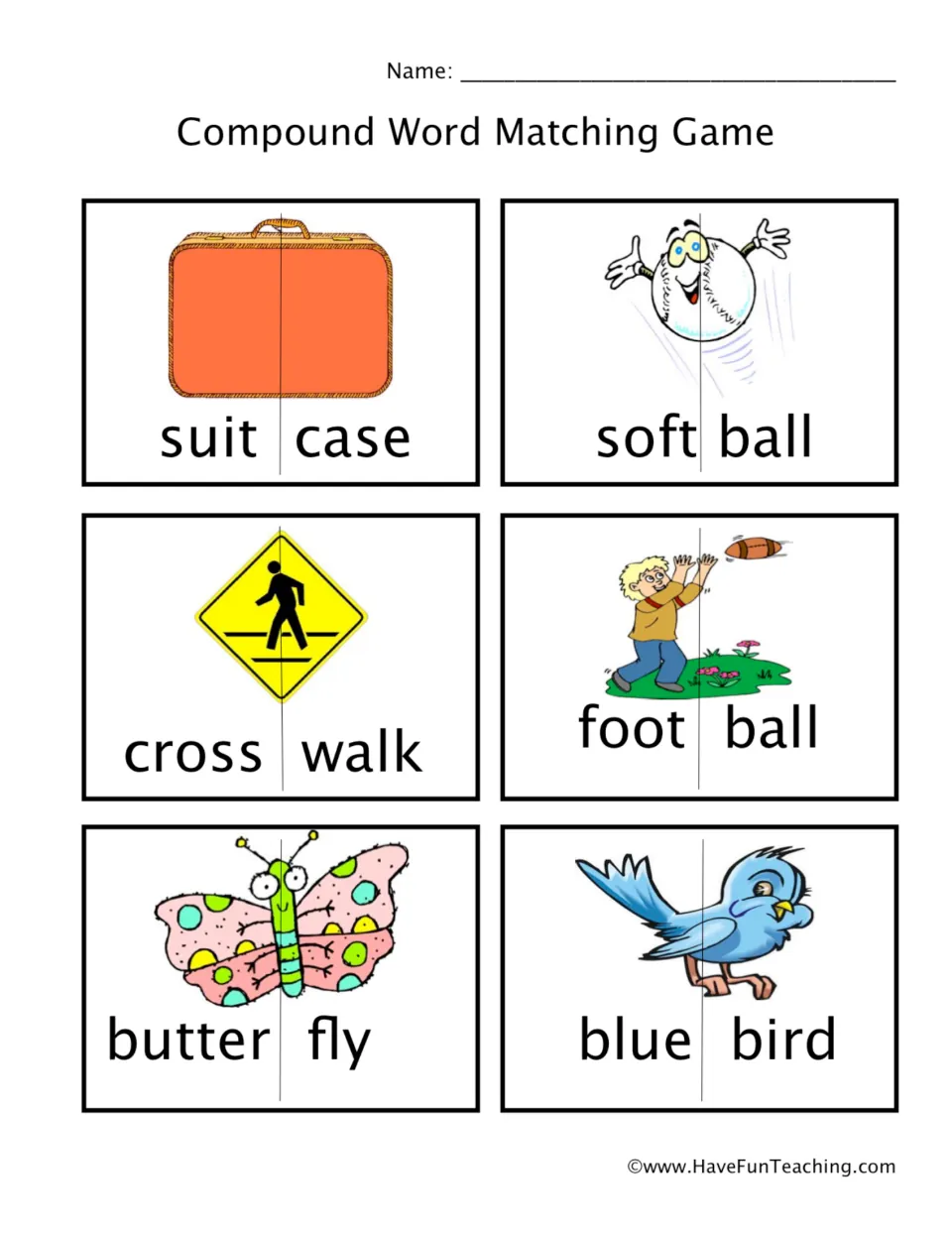 Compound word matching game: students match cut-out card halves to build suitcase, softball, crosswalk, football and more