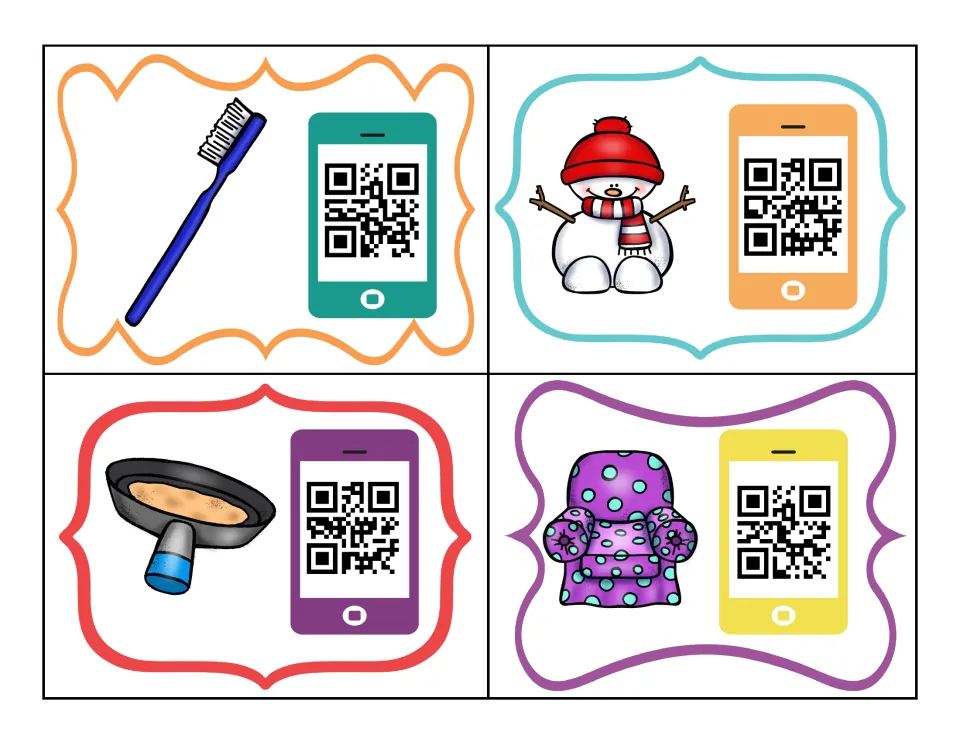 Compound word task cards showing a toothbrush, snowman, pancake pan and armchair; students say the word and scan to check