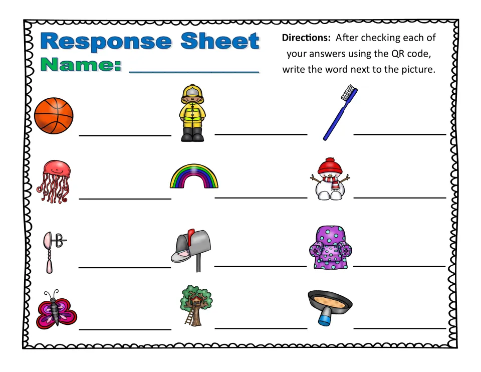 Response sheet: students write the compound word beside each of 12 pictures, such as basketball, rainbow and snowman