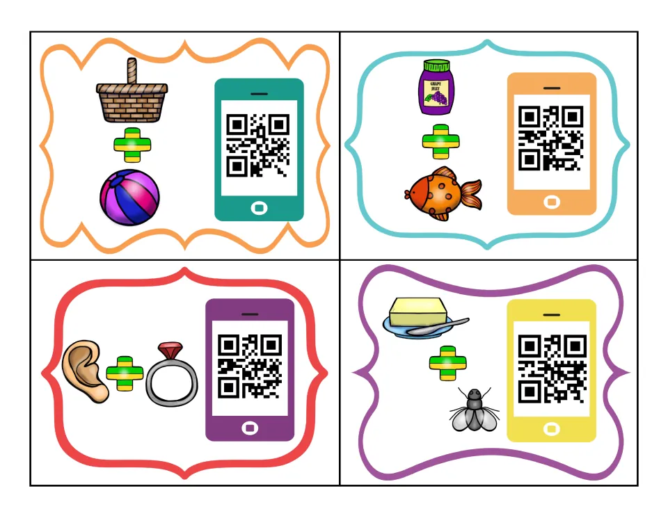 Word-part task cards: students join a basket and ball, jelly jar and fish, ear and ring, butter and fly, then scan to check
