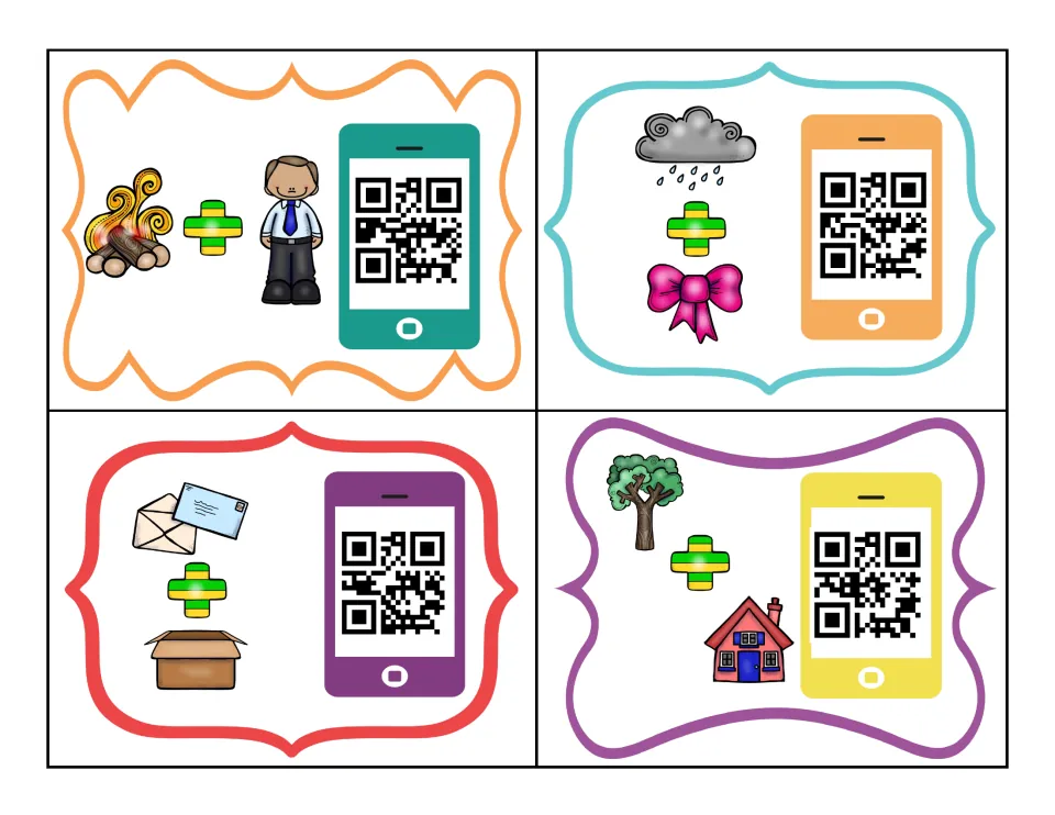 Compound words from picture pairs: a campfire and a man, a rain cloud and a bow, letters and a box, a tree and a house