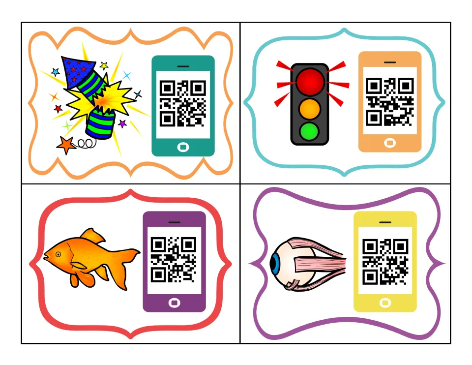 Single-picture compound word cards: firecracker, stoplight, goldfish and eyeball, students say the word and scan to check