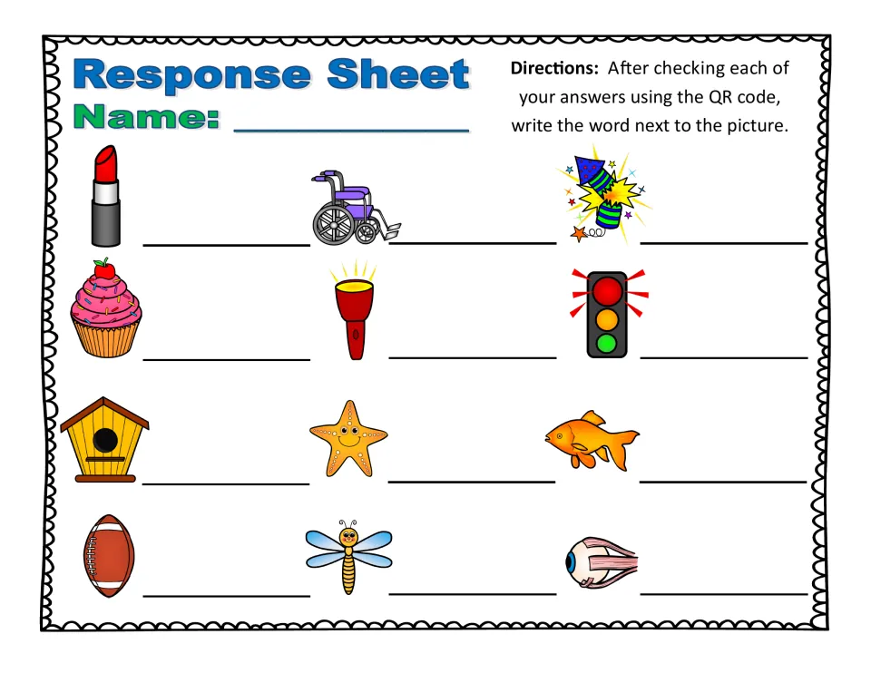 Response sheet for the one-picture cards: students write the compound word beside each of the 12 pictures after scanning