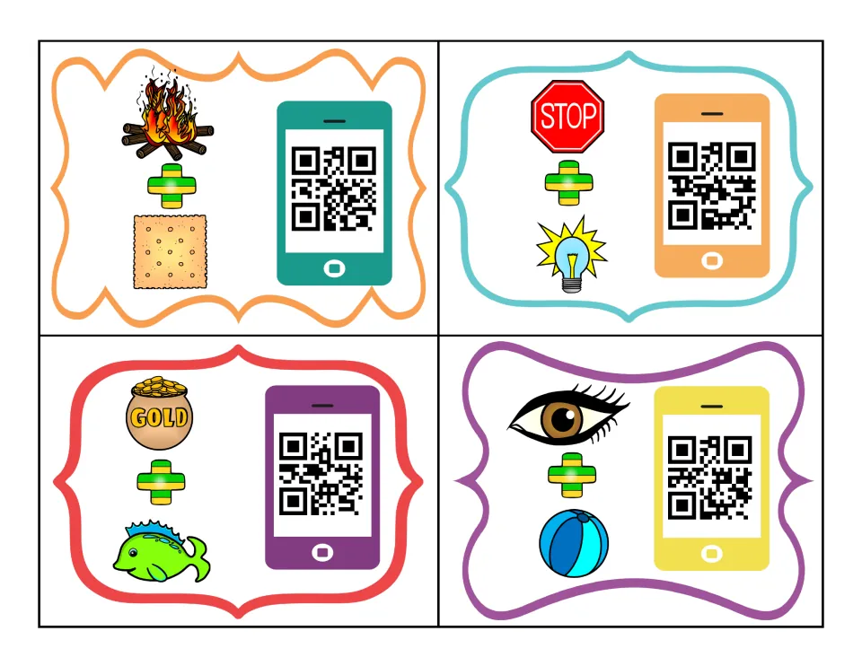 Two-part compound word cards: fire + cracker, stop + light, gold + fish and eye + ball; students blend the parts and scan